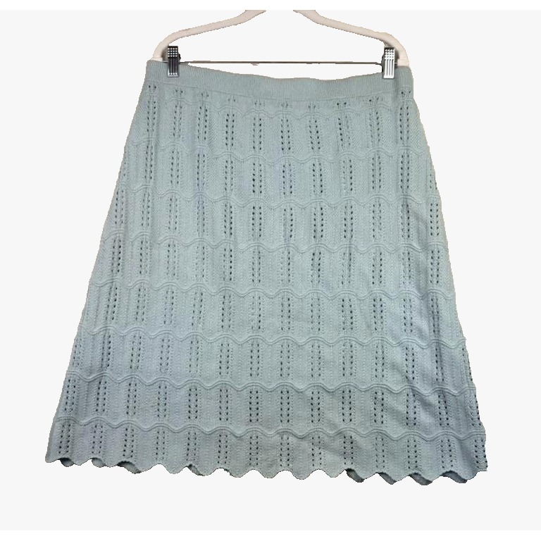 St. John Collection Skirt Womens 12 Blue A-Line Pointelle Scalloped Made Usa